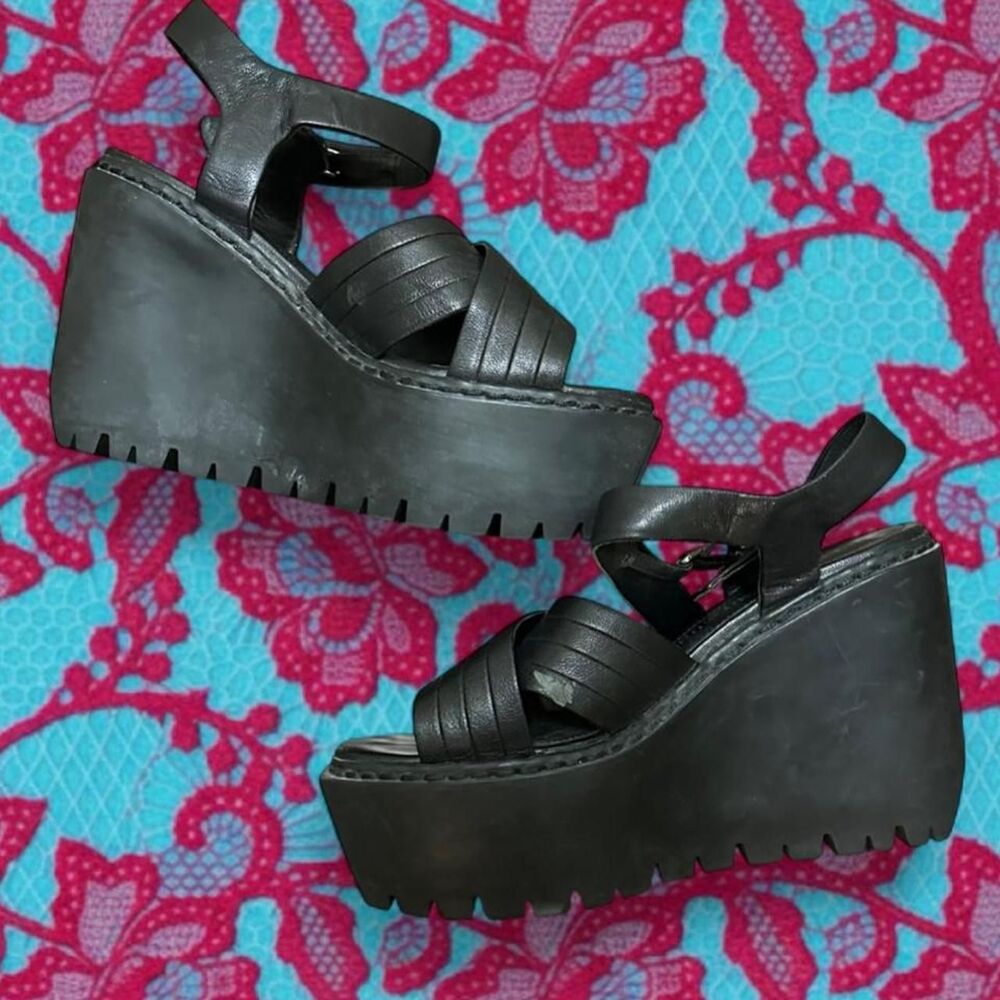 Opening Ceremony Black Leather Strap Rubber Sole Platform Wedge Alt Sandals